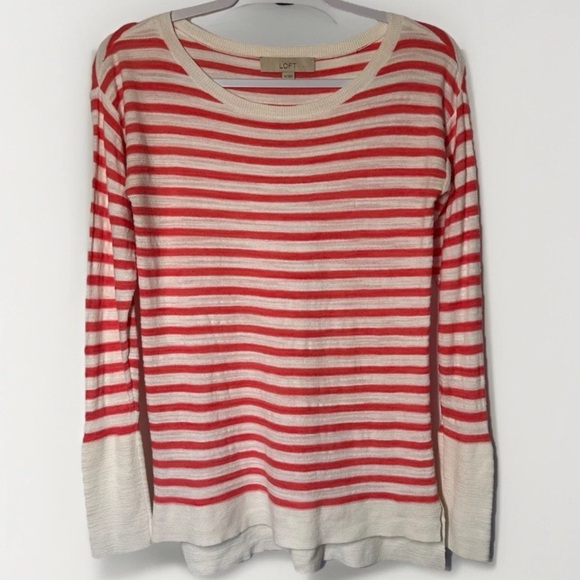 Ann Taylor Loft Women's Ivory Red Coral Striped Cotton Knit Size XS Nautical Top - Picture 1 of 8